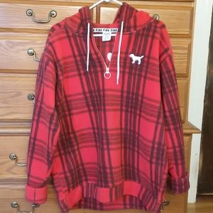 RARE PINK Victoria's Secret Faux Polar Fleece Red & Black Plaid Half-Zip Hoodie